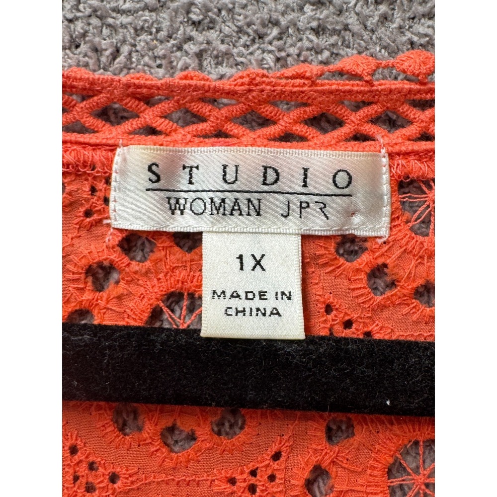 Studio Woman 1X Boho Lace Crochet Top Coral Peasant Blouse Flowy - Picture 2 of 12